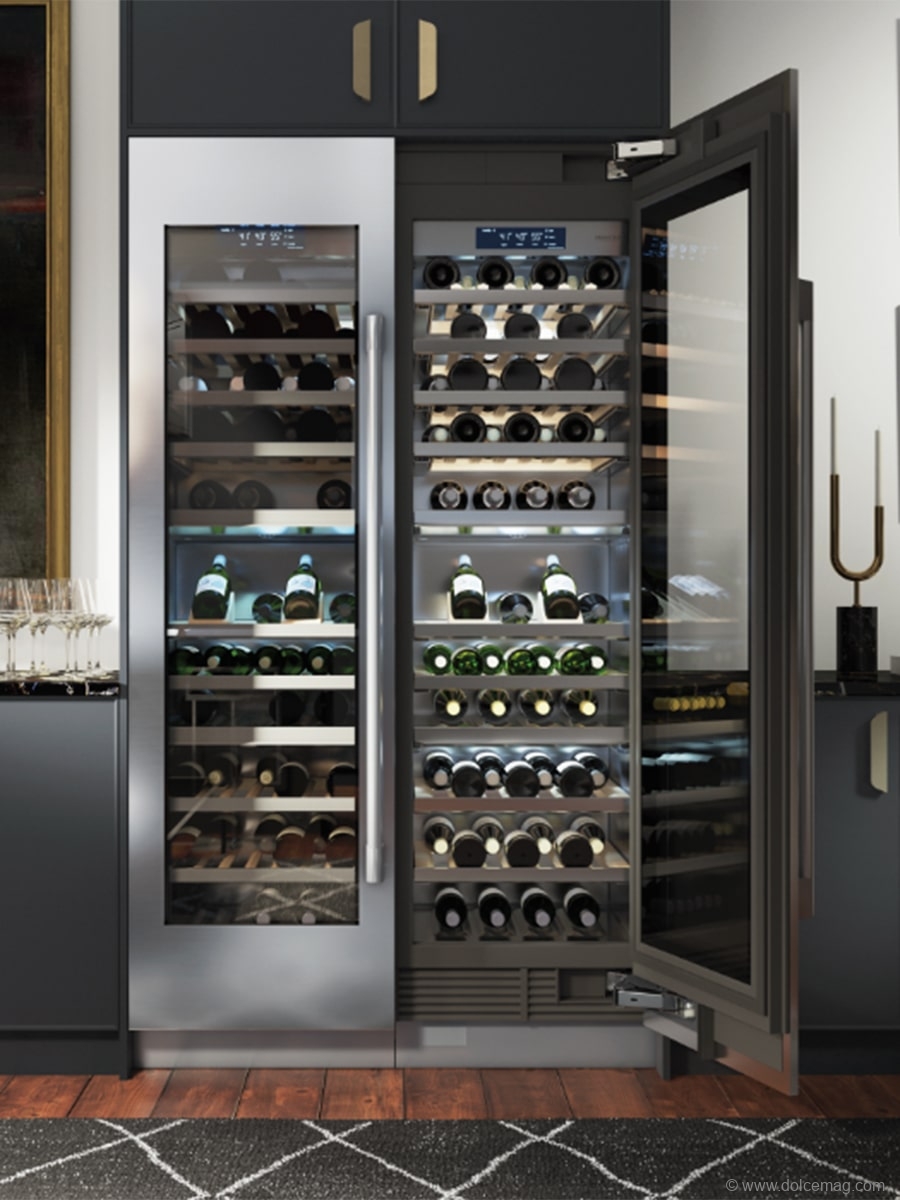 A wine refrigerator offers storage while looking chic and clean