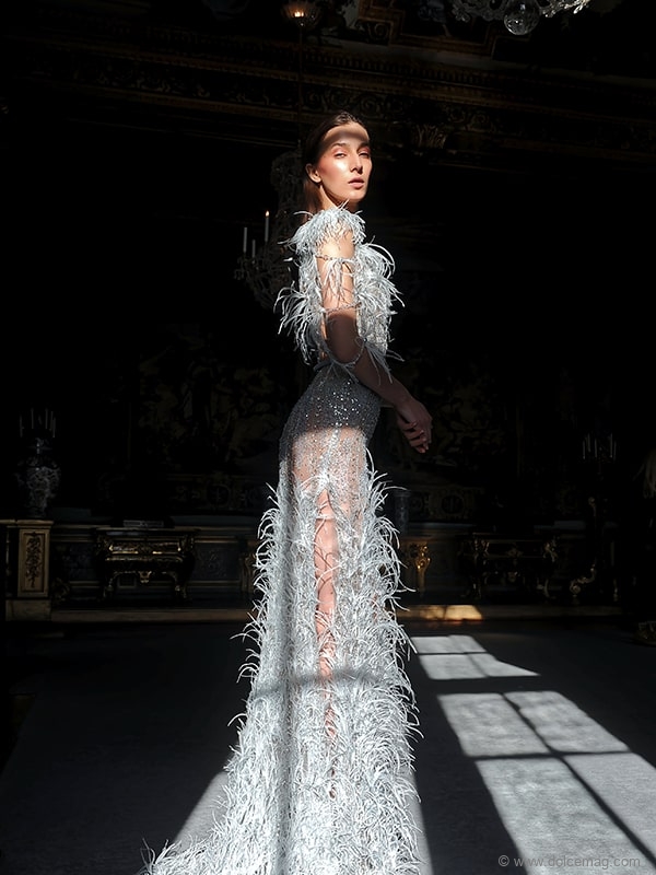 Pictured at the Château de Vaux-Le-Vicomte in France, Nakad’s dresses reflect their environment, illuminated by their majestic and regal design | Photo by Greg Alexander