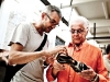 Conquering the feat of footwear, shoe designer Diego Dolcini explains his latest masterpiece to “the Givenchy of Rome,” Italian fashion designer Roberto Capucci.