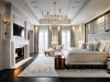 Walls crafted with multiple layers of silk and suede, along with mirrors, Macassar trim details and an Indiana grey, buff limestone fireplace, transform your typical master bedroom into a modern-classic piece of art