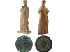 A selection of artifacts displayed at the ROM’s “Fakes & Forgeries” exhibition. The objects on the right are modern forgeries while those  on the left are authenticated pieces. Top to bottom: terracotta statue from Greece, fourth to third century BC, and forgery; cast bronze mirror, second century BC to first century AD, and forgery; sandstone relief fragment from Egypt, 2050 BC, and forgery