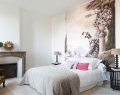 The bedroom of M lin , Anne’s daughter and collaborator, is decorated in feminine shades of pink-beige and adorned with the pretty wallpaper, “Le Jardin de Portobello” (Ananb ). Romantic velvet bench, mottled. Bedside lamps, Ampm. Wrought-iron bedside table, Maisons du Monde. Cushions, Table Side | Photo By Gap Interiors/Julien Fernandez | Styling By Amandine Et Jules