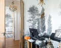 The owner’s desk is lined with Ananb  “Les Acacias” wallpaper (Landscapes engraving collection). Its black-and-white pattern harmonizes perfectly with contemporary furniture. Sofa, Ampm. Cushions, Pomax. Wardrobe, IKEA. Carpet, Westwing | Photo By Gap Interiors/Julien Fernandez | Styling By Amandine Et Jules