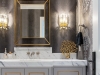 Custom vanity in matte lacquer, finished with brass inlay fretwork and gold detailing.  Designed, fabricated and installed by NIICO | Photos by Vanessa Galle