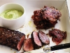 Peppered lamb with beetroot fritters, broad bean and labne PURÉE