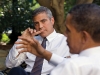 President Barack Obama talks about Sudan with actor George Clooney during a meeting outside the Oval Office, Oct. 12, 2010.