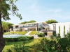 The back of the beautiful home contains multiple patios, a swimming pool and lush green as far you can see