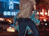 Playful patterns, denim and a shimmery, textured top — this unexpected ensemble proves that more is more / Top, Bar III; Jumper, Guess; Shoes, Saks Fifth Avenue
