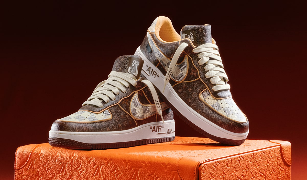 A pair of Louis Vuitton x Nike Air Force 1s sneakers by designer Virgil  Abloh are on display in New York City on Friday, January 21, 2022.  Sotheby's will auction 200 pairs